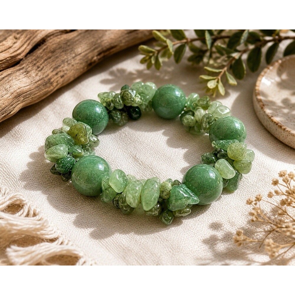 Vintage Green Aventurine Chunky Beaded Stretch Bracelet Natural Stone Chip Boho